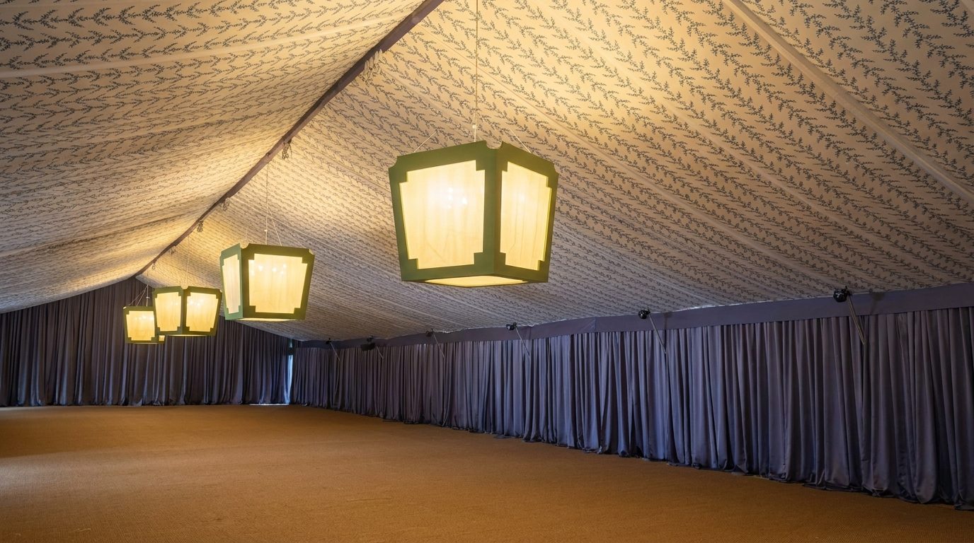 Grand pole tent with patterned ceiling liner and custom green lantern fixtures during installation