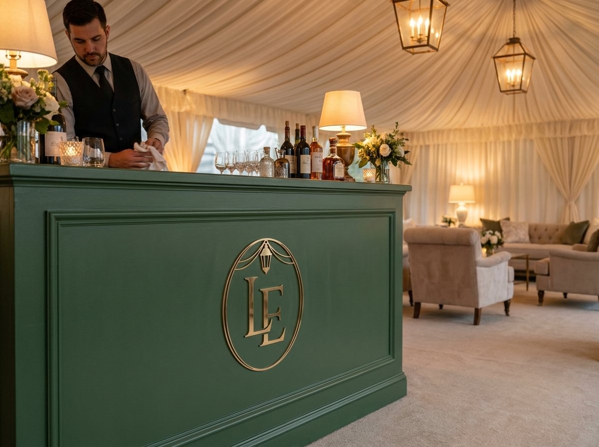 Brass Lowcountry Events monogram on a custom green event bar