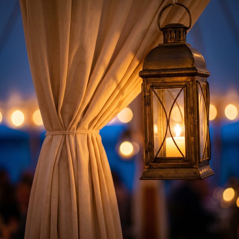 Warm brass lantern with a lit candle beside gathered ivory drapery at dusk