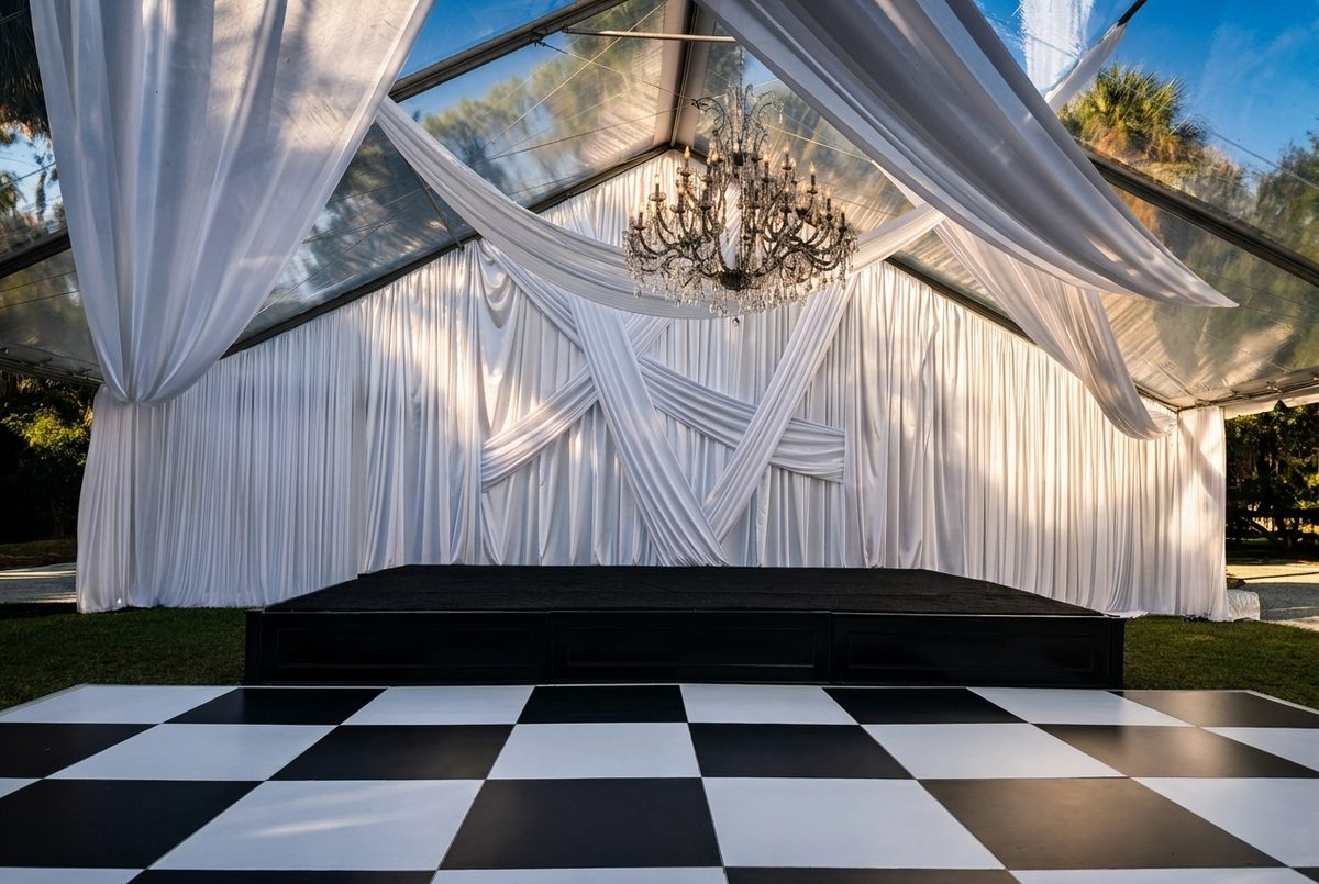 Clear-top tent with a white draped backdrop, crystal chandelier and checkered dance floor