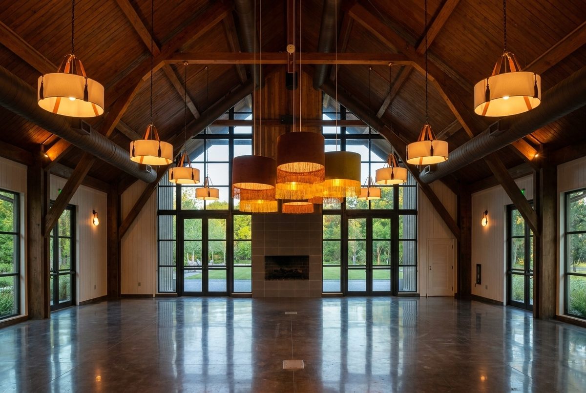 Timber-frame pavilion with custom amber drum-shade chandeliers glowing at dusk