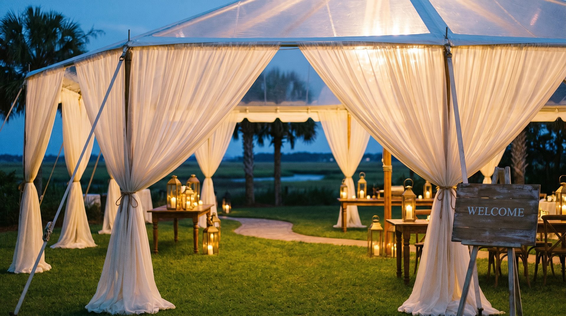 Draped event-tent entrance at twilight glowing with candle lanterns