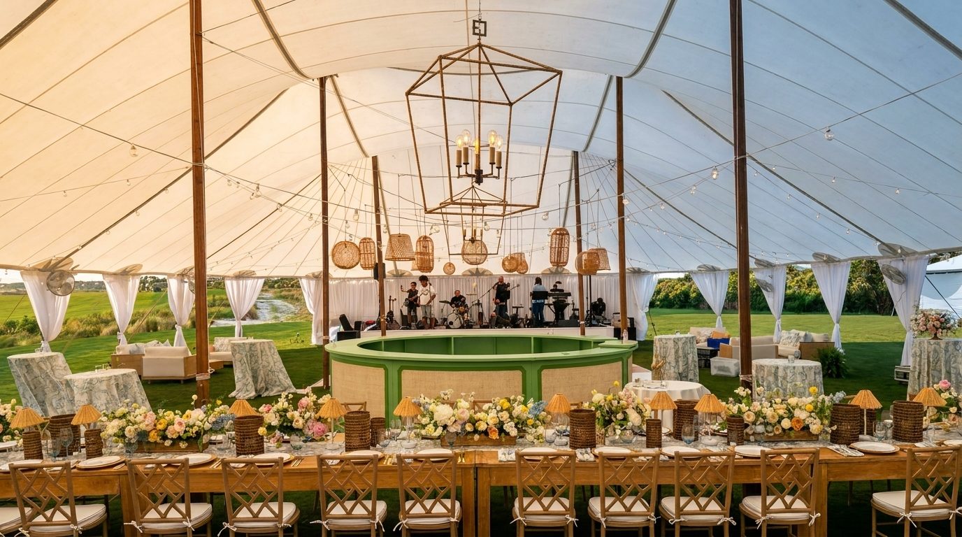 Sailcloth-tent wedding reception at golden hour with a custom sage-green oval bar and lantern chandeliers, by Lowcountry Events