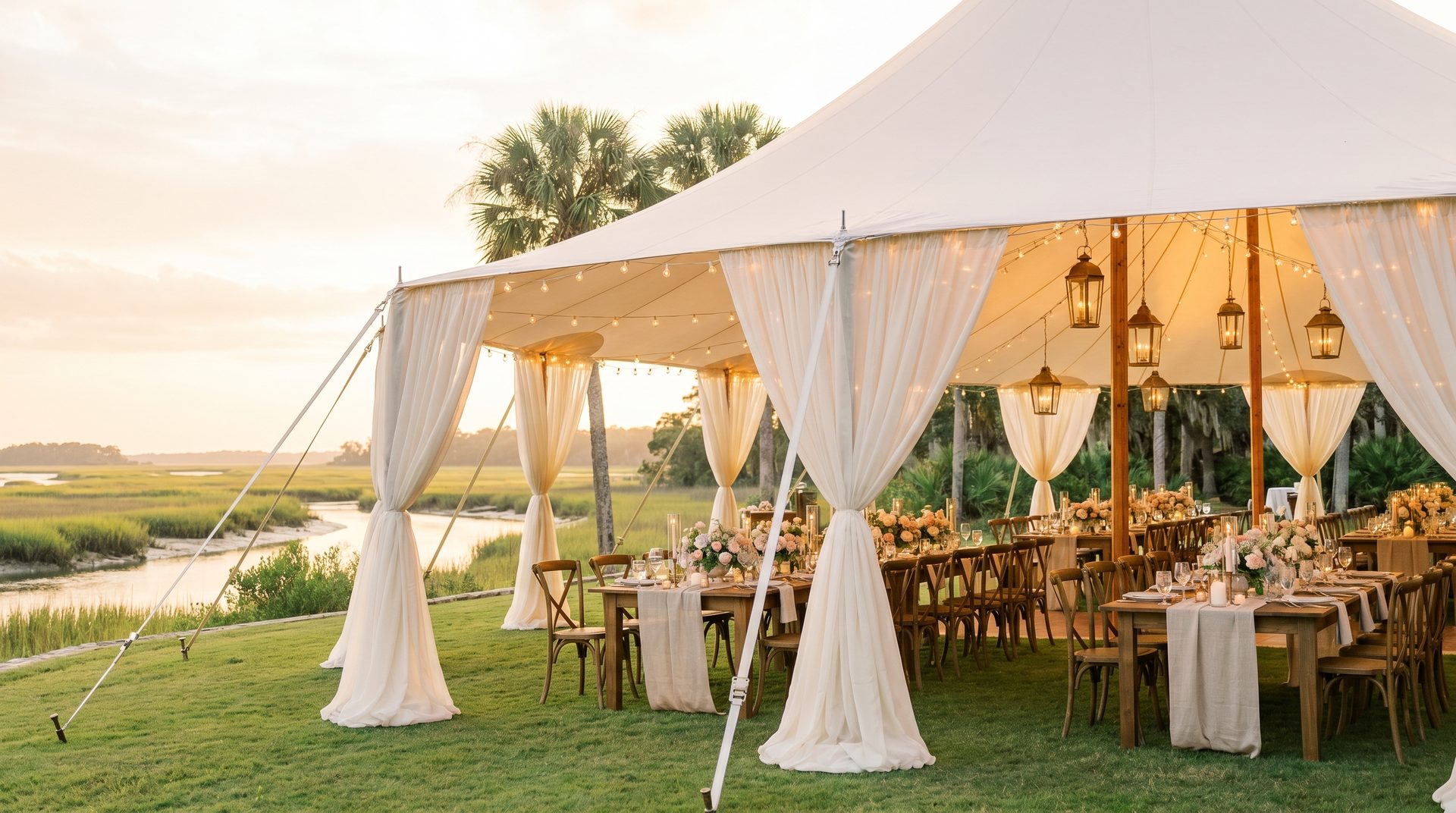 Luxury sailcloth tent reception on a South Carolina marsh at golden hour